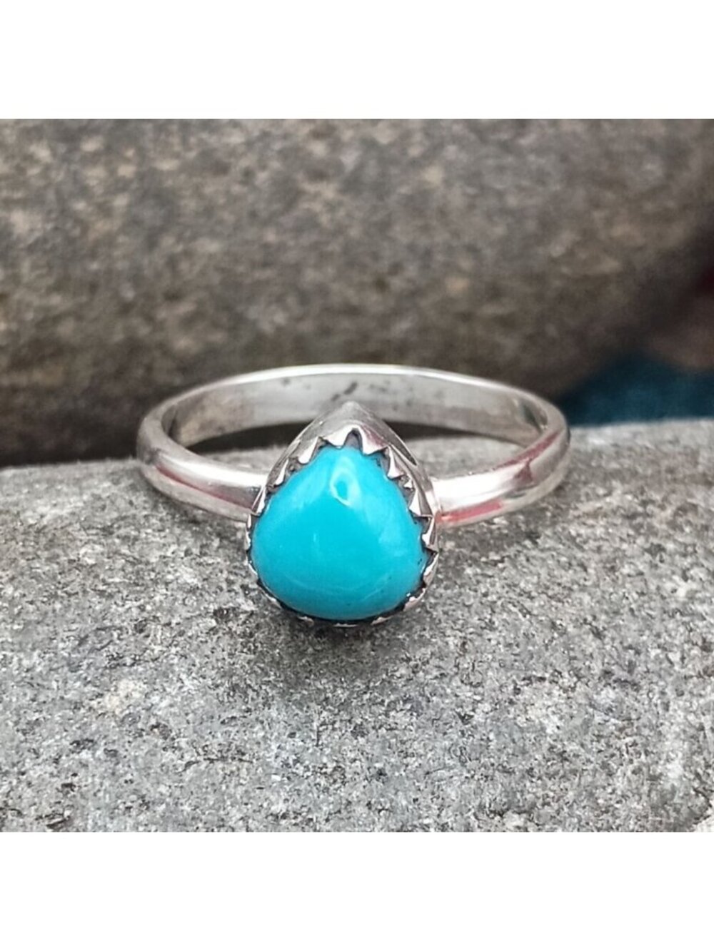 Handmade Teardrop Shaped Turquoise Sterling Silver Ring Stacker Size 7 Petite